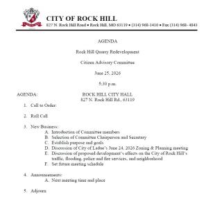 agenda for Rock Hill Quarry Redevelopment Citizen Advisory Committee